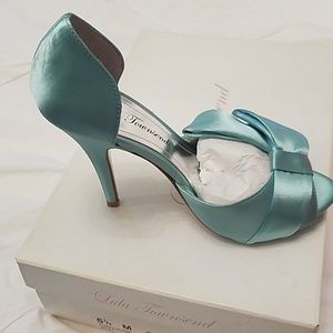 Lulu Townsend pale turquoise satin shoes.